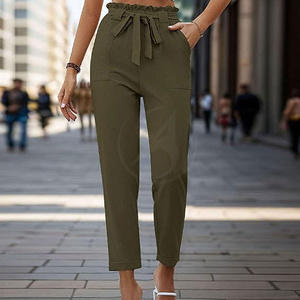 Pantalones anchos de estilo urbano con etiqueta tejida informal de nuevo diseño, pantalones holgados de algodón y lino para mujer, talla grande - Product Image 5