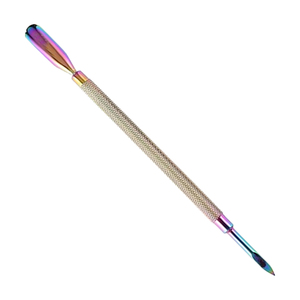 Pousse-cuticules professionnel double face en acier inoxydable, forme cuillère, finition arc-en-ciel, pour l'élimination et le soin des cuticules - Product Image 1