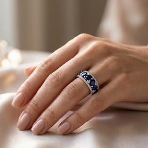 Wholesale Jewellery Stylish Design Top Quality 18k Solid White Gold Real Diamond Gem Stone Blue Sapphire Band Ring For Girl - Product Image 2