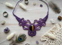 Collier en macramé fait main, pendentif œil de tigre bohème, cordon violet réglable, bijoux en pierres précieuses aux vertus curatives