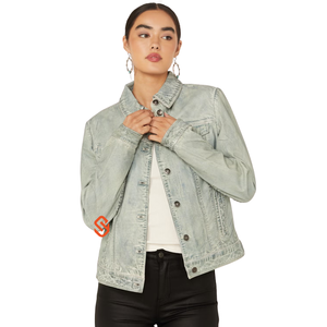 Veste en cuir de mouton pour femme, gris clair, aspect denim vintage, boutonnée, en cuir véritable, fabrication OEM USA - Product Image 1