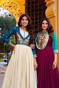 Vestido tradicional indio de seda Vichitra con un hermoso diseño fluido y tejido Zari para mujeres, ideal para bodas. - Product Image 5