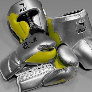 Set de boxeo 3 en 1 GWE-BS-76 de piel premium verde y plateada, guantes con cordones de 8oz-16oz, protector de cabeza y protector de entrepierna. - Product Image 2