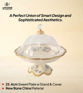 Plateau de service avec couvercle transparent en porcelaine fine, de haute qualité, aspect moderne et luxueux avec base à bords dorés - Product Image 2