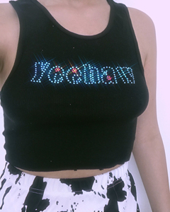 Custom logo Sexy Ladies White Womens Cotton Black White Diamond Halter butterfly <b>Tube</b> Rhinestone Ribbed Crop Top tank for Women - Product Image 4