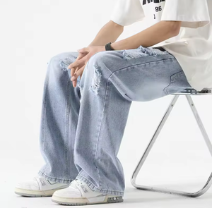 Pantalones casuales de hombre de verano, vaqueros rasgados de pierna recta holgada, estilo retro con cordón, de marca de moda, que combinan con todo - Product Image 5