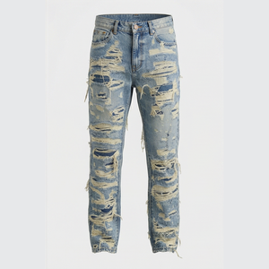 Jean en denim déchiré et délavé coupe slim taille haute pour homme, jambe droite, en coton, style décontracté printemps - Product Image 1