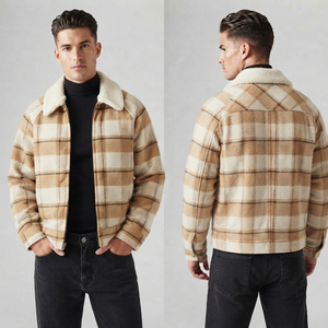 Men's Plaid Fleece <b>Jacket</b> With Sherpa Lining Zipper Closure Winter Thick Wool <b>Flannel</b> Polyester Coat Turn-down Collar <b>Jackets</b> - Product Image 1