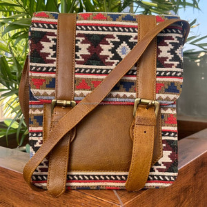 กระเป๋าหนัง kilim สะพายข้างสำหรับผู้หญิงทำด้วยมือจากผ้าแจ็คการ์ดหนังแท้คุณภาพสูงกระเป๋าถือแนวชนเผ่าวินเทจ - Product Image 3