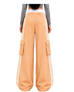 Pantalon cargo ample pour femme, couleur beige pêche, avec bandes latérales blanches, taille haute, coupe décontractée, style streetwear, personnalisable par le fabricant - Product Image 2