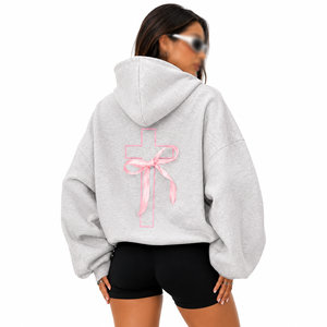 Women Hoodies Oversized Gray Pink Bow Cross <b>Back</b> Graphic <b>Drop</b> Shoulder Cotton Blend Pullover Private Label Bulk Manufacturer - Product Image 1