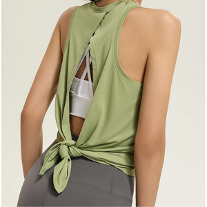 Camiseta sin mangas verde salvia para mujer, top deportivo con nudo frontal, camiseta atlética de alta calidad para gimnasio y yoga, con tirantes finos y de secado rápido. - Product Image 2