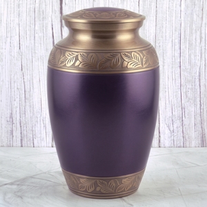 Urne funéraire pour adulte en laiton, motif feuille d'or et violet, surface mate, pour cendres humaines, urne commémorative funéraire - Product Image 1