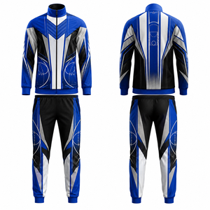 Ensemble de survêtement sportif pour homme, bleu et noir, à motif géométrique, avec fermeture éclair intégrale, respirant, en polyester, pour l'automne, avec poches latérales - Product Image 1