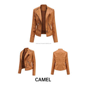 Chaqueta de cuero acolchada estilo motociclista para mujer, cremallera marrón, ropa de abrigo elegante para otoño, detalles de encaje, bolsillos con cremallera, viscosa transpirable - Product Image 3