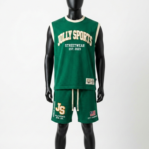 Conjunto de Camiseta sin Mangas y Pantalones Cortos de Jersey de Algodón y Poliéster Premium de 220 GSM para Hombre con Logotipo Bordado - Product Image 6