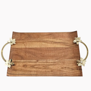 Wooden Serving <b>Tray</b> With Floral Metal Handles Classic Design Table Tea And Coffee Serving <b>Tray</b> <b>Snacks</b> Cookies Serving Platter - Product Image 1