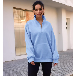 Sudadera de mujer marrón de punto estampada de poliéster con forro polar, cuello alto, hombros caídos, cremallera de un cuarto y bolsillo canguro - Product Image 5