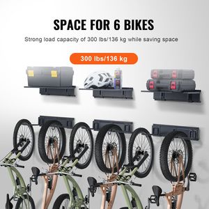 Portabici da Parete per 6 Biciclette con 3 Ganci per Caschi e 3 Ripiani, Organizzatore per Casa e Garage in Metallo Resistente - Product Image 3