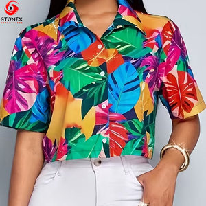 Camiseta Corta Elegante para Mujer, Transpirable, Ecológica, con Estampado de Hojas Coloridas, Cintura Alta, Manga Corta, con Logotipo Personalizado - Product Image 2