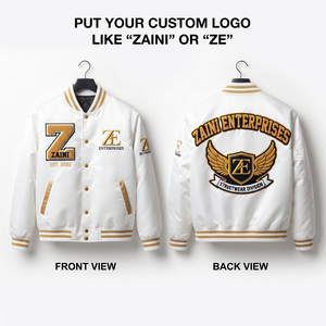 Veste varsity en tissu de laine premium 240 GSM coupe-vent, col montant, bordure côtelée blanc-or, logo personnalisé brodé devant/arrière - Product Image 1