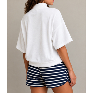 Custom <b>Women's</b> Terry <b>Short</b> Sleeve Turtleneck Sweatshirt with <b>Striped</b> <b>Shorts</b> Loungewear Set Spring Casual Wear Mock neck Sets - Product Image 5