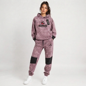 Ensemble de survêtement délavé pour femme : sweat à capuche confortable et pantalon assorti, idéal pour les loisirs, le fitness, la marche et le quotidien - Product Image 1