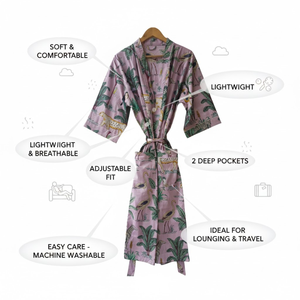 ชุดกิโมโนผ้าฝ้ายพิมพ์ลายป่าสีชมพูแปลกตาสำหรับผู้หญิง คอวี แขนยาว ความยาวเต็มตัว มีเชือกผูกเอว ชุดนอนลายทรอปิคอล - Product Image 5