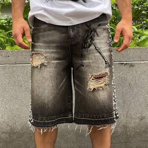 Pantalones Cortos Bermuda de Mezclilla Lavada para Hombre, de Cintura Alta, con Cierre de Cremallera, Estilo Gótico, Rotos, Transpirables, de Tela 100% Algodón Tejido - Product Image 2