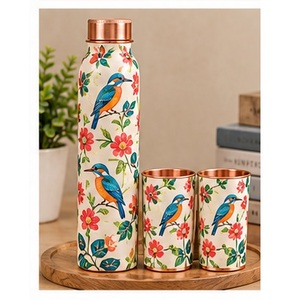 Bohemian Pattern <b>Copper</b> <b>Water</b> <b>Bottle</b> With 2 Tumblers Portable Drinkware Set Orange Green Design Home Use - Product Image 3