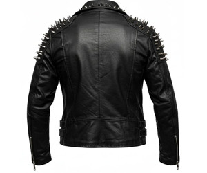 Men's Cowhide Leather <b>Biker</b> <b>Jacket</b> with Spikes Studded Front Design Breathable Polyester Lined Windproof Winter Outerwear - Product Image 4