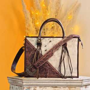 Hair On Hide <b>Fur</b> Fringes Tote Bag Tooled Carving New 100% Genuine Leather Stylish Tote Purse Designer Bags For Women's Multi Use - Product Image 1