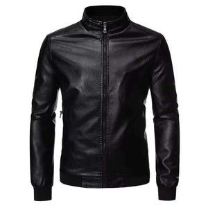 Chaqueta de Motociclista para Hombre, Negra, de Cuero PU Transpirable, Cuello Alto, Cierre de Cremallera, Corte Ajustado, Largo Regular, Estilo Moto, con Bolsillos, para Otoño - Product Image 1