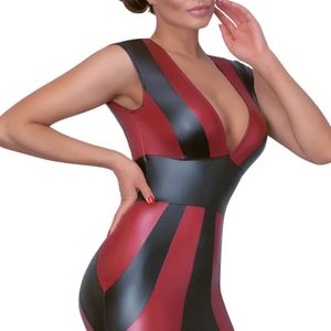 Women's Black Red PU Leather Bodycon Dress Deep V Neck Sleeveless Backless Midi Party Clubwear Contrast Color Blocking Fitted - Product Image 4