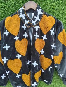 Luxury Black <b>Velvet</b> Embroidered Suzani <b>Jacket</b> With Yellow Heart Pattern Full Sleeve Stand Collar Handmade Folk Art Winter Coat - Product Image 3