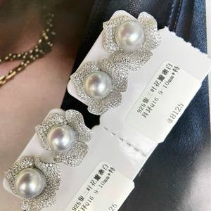 Boucles d'oreilles clous en argent pur 925 de 11-10 mm, blanc froid, avec perles blanches brillantes naturelles d'Australie incrustées, design coréen - Product Image 4