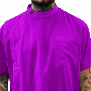 Purple Short Sleeve Barber Shirt with Chest Pocket and <b>Stand</b> Collar - Product Image 5