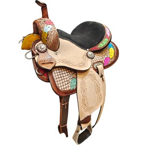 Selle de cheval adulte en cuir premium pour le barrel racing western, avec siège et équipement, disponible - Product Image 3