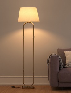 KS International Modern Geometric Metal Floor Lamp Floor Standing <b>Light</b> Beige Fabric <b>Shade</b> Indoor Living Room Decor - Product Image 3
