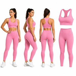 ชุดเซ็ต 2 ชิ้น เสื้อชั้นในกีฬาแบบ Racerback สีชมพู กางเกงเลกกิ้งเอวสูง รองรับระดับปานกลาง ชุดออกกำลังกายโยคะ - Product Image 5