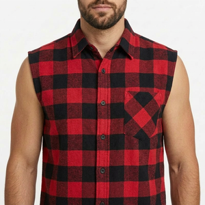 Chemise sans manches en flanelle à carreaux pour homme, coupe ample, rouge et noir, col rabattu, respirante, pour l'automne, fabrication sur mesure - Product Image 5
