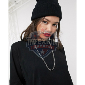 Camiseta de Algodón Negra de Cuello Redondo y Manga Corta para Mujer, Corte Holgado, Color Sólido, Estilo Casual, para Todas las Temporadas - Product Image 3