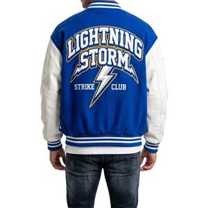 Chaqueta Universitaria Azul Rey de Lana Mezclada con Mangas Blancas en Contraste, Ropa Deportiva para Equipos, Parche Bordado de Chenilla con Rayo, Estilo Varsity - Product Image 2
