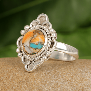 Bulk Wholesale Natural Spiny Oyster Copper Turquoise Bezel <b>Set</b> Christian <b>Sterling</b> <b>Silver</b> Fine Bohemian Style <b>Ring</b> Anniversary - Product Image 2