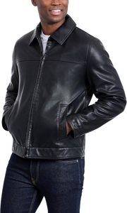Veste en cuir véritable noire pour homme, col rabattu, fermeture éclair, couleur unie, longueur normale, vêtement décontracté pour l'automne - Product Image 3