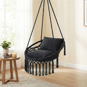 Sedia a dondolo sospesa in macramè nero stile Boho con 2 cuscini imbottiti, capacità 150 kg, amaca per interni/esterni, camera da letto, patio, giardino - Product Image 4
