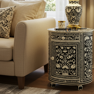 Luxury Modern Black Chevron Bone Inlay <b>Side</b> <b>Table</b> Handcrafted Round Wooden <b>Drum</b> Accent <b>Table</b> Bedroom Furniture - Product Image 3