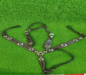 Western <b>leather</b> horse breastplate chest collar tack geometric bead concho studded <b>harness</b> adjustable riding halter set - Product Image 2