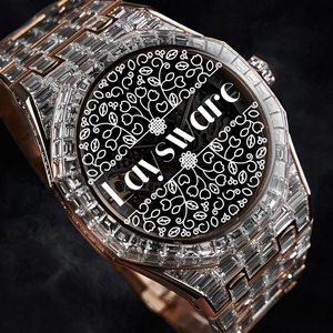 Designer <b>Skeleton</b> Dial <b>Watch</b> with Moissanite Baguette Diamond Rose Gold Finish and Fully Iced Out Band Unisex Luxury Timepiece - Product Image 1