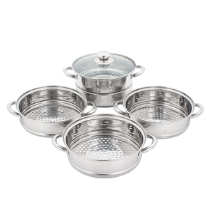 Olla vaporera grande de acero inoxidable con tapa de vidrio templado, base multicapa y asas de tacto frío y cómodo. - Product Image 2